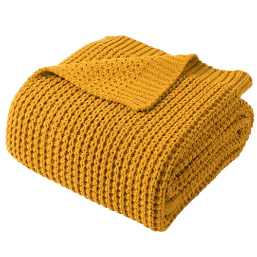 Waffle Knit Throw Blanket, Mustard Yellow Throw Blanket for Couch 60"x80" | Chunky Chenille Throw Blanket, Soft Fall Mustard Throw Blanket for Home Decor, Modern Farmhouse Knitted Style - color: Mustard, size: 60"x80"