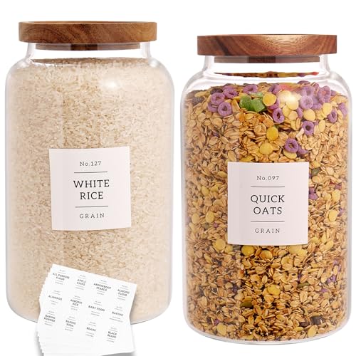 CZHQSMZ Set of 2 Large Glass Jar with Airtight Acacia Lid and 132 Kitchen Pantry Labels, Clear Glass Food Storage Jars Containers for Rice Flour Pasta Sugar Coffee Cookie and More(98 Fl Oz/2800 Ml) - color: 2800ml