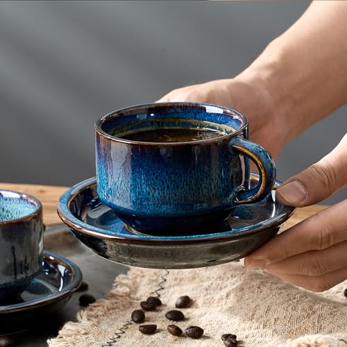 JIEMEI HOME Porcelain Stackable Cappuccino Cups with Saucers and Metal Stand, 7 Ounce Espresso Cups for Latte Coffee Cafe, Specialty Coffee Drinks, Cappuccino and Tea - Set of 4, Midnight Tide - color: Midnight Tide
