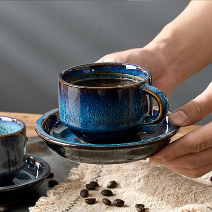 JIEMEI HOME Porcelain Stackable Cappuccino Cups with Saucers and Metal Stand, 7 Ounce Espresso Cups for Latte Coffee Cafe, Specialty Coffee Drinks, Cappuccino and Tea - Set of 4, Midnight Tide - color: Midnight Tide