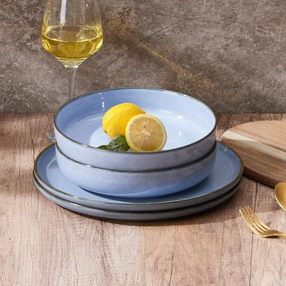 E-far Pasta Bowls Set of 4, 35oz Large Salad Bowls for Serving, Wide and Shallow Ceramic Plates for Kitchen, Double Reactive Glaze, Microwave and Dishwasher Safe, Ocean Blue - color: Ocean Blue
