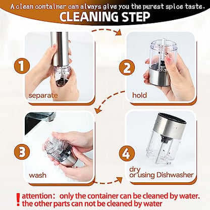 Electric Pepper Grinder & Salt Mill - Battery Operated Stainless Steel Body with Transparent Container LED Light One-Hand Operation Push-Button Switch Adjustable Coarseness Easy Refill & Clean | Side-button switch, stainless steel body, 70ml transparent c