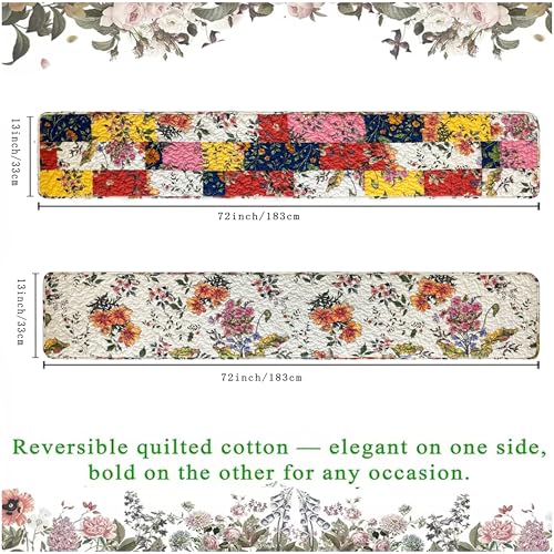 Reversible Patchwork Floral Quilted Table Runner, 13 x 72 Inch | 13 x 72-inch reversible cotton table runner, patchwork front, white-ground floral back, gift boxed, machine washable