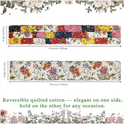 Reversible Patchwork Floral Quilted Table Runner, 13 x 72 Inch | 13 x 72-inch reversible cotton table runner, patchwork front, white-ground floral back, gift boxed, machine washable