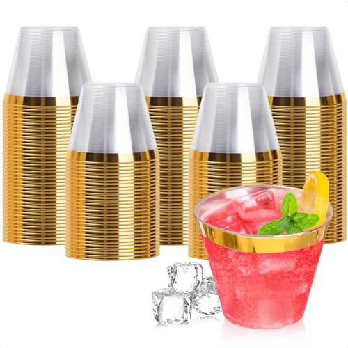 Goodluck 200PCS 9oz Gold Plastic Cups for Party, Disposable Gold Rim Cups | Plastic Cocktail Glasses for Wedding Thanksgiving, Christmas, and Parties - color: Gold-9oz, size: 200 Pack