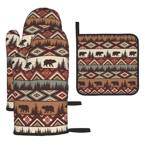 Vintage Rustic Oven Mitts and Pot Holders Sets Cabin Kitchen Decor | Set of 3 Heat Resistant Farmhouse Hot Pads Bear Mountain Oven Gloves for Kitchen Cooking BBQ Baking - color: Vintage Rustic