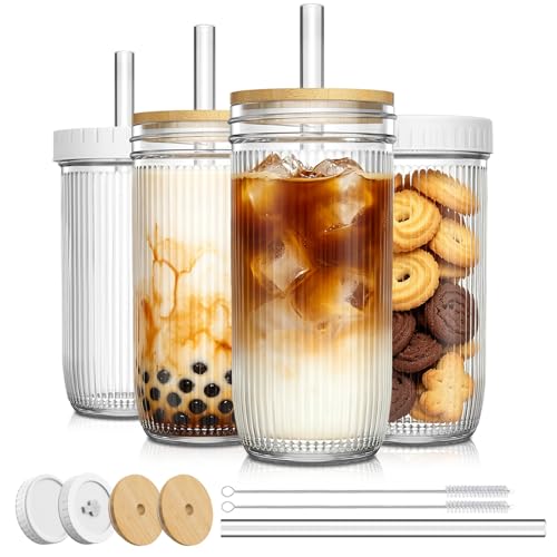 SoulTimes 24oz Mason Jar Drinking & Storage- Ribbed Glass Tumbler with Straw and Lid. Wide Mouth Boba Cups for Ice Coffee, Smoothie, etc. Leakproof and Reusable Food Container For Travel To Go 【4 Pcs】