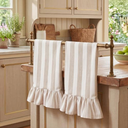 Brown Striped Kitchen Towels Set of 2, 100% Cotton Ruffled Striped Dish Towels 18"x31" Absorbent Tea Cloths Classic Pattern for Farmhouse Charm, Drying Dishes, Entertaining Guests - color: Brown