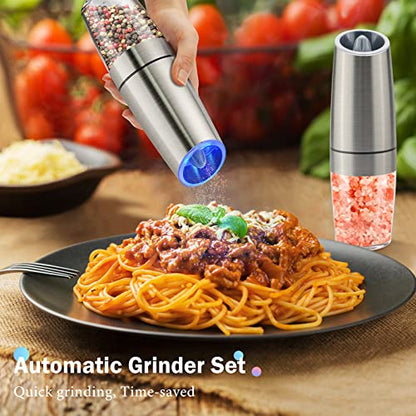 Gravity Electric Salt and Pepper Grinder Set, Battery Powered LED Light One Hand Automatic Operation, Adjustable Coarseness Mill Grinders Shakers Black (G.Silver 1p)