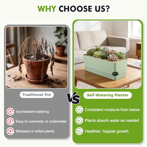 2 Pack Self Watering Pots for Indoor Plants 17 Inches Window Boxes Planters Rectangular Flower Pots Rectangle Herb Pots Large Plant Pots with Drainage Holes and Saucers Windowsill Planter, Green - color: Green