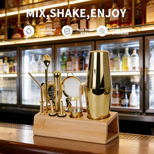 Cocktail Shaker Set Bartender Kit with Bamboo Stand, 15-Piece Stainless Steel Bar Set Accessories, Professional Bartending Kit Home Bar Tools Set with Recipes (Gold, Natural Wood Stand) - color: Gold, size: Wood Stand
