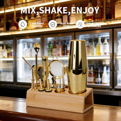 Cocktail Shaker Set Bartender Kit with Bamboo Stand, 15-Piece Stainless Steel Bar Set Accessories, Professional Bartending Kit Home Bar Tools Set with Recipes (Gold, Natural Wood Stand) - color: Gold, size: Wood Stand