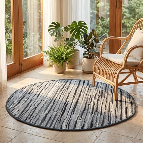 Chindi Area Rug 4 Feet Round - Charcoal | Cotton Circle Boho Rugs for Living Room, Easy Care Reversible Outdoor Carpet - color: Charcoal, size: 4' (Round)