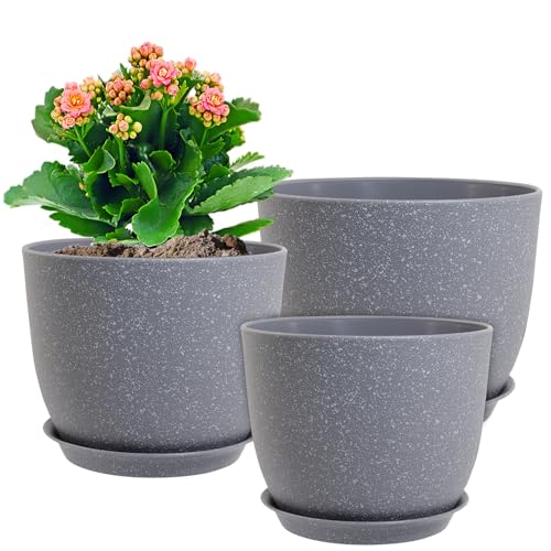 WSMKSZ 10/9/8 inch Plant Pots, Set of 3 Modern Decorative Plastic Planters with Drainage Holes and Saucers for Garden House Plants, Flower Pots for Indoor Outdoor Plants, Speckled Grey - color: Speckled Grey, size: 10"+9"+8"