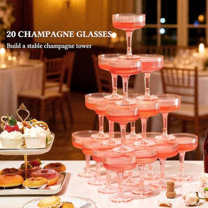 Goodluck 4-Tier Champagne Glasses - 20 PCS 7oz Pink Plastic Champagne Flute | Plastic Coupe Glasses with Vertical Stripes for Weddings, Celebrations, Parties & Birthdays - color: Pink
