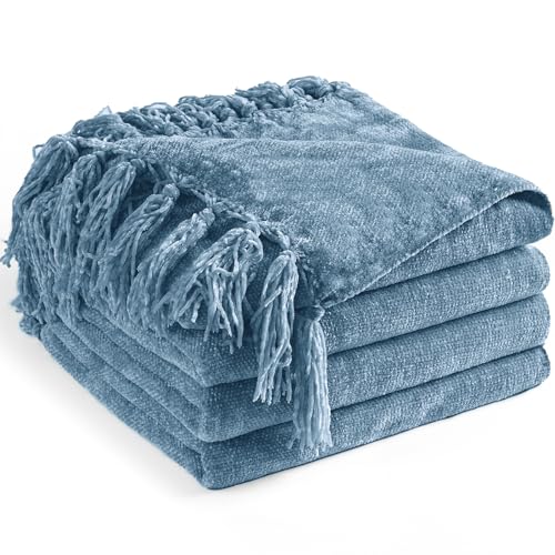 Chenille Throw Blanket for Couch 50" x 60", Dusty Blue | Soft Cozy Warm Throws with Fringe Tassel, for Living Room Bed Sofa Chair Cover, Lightweight Knitted Decorative Boho Blankets - color: Dusty Blue, size: 50x60 inch