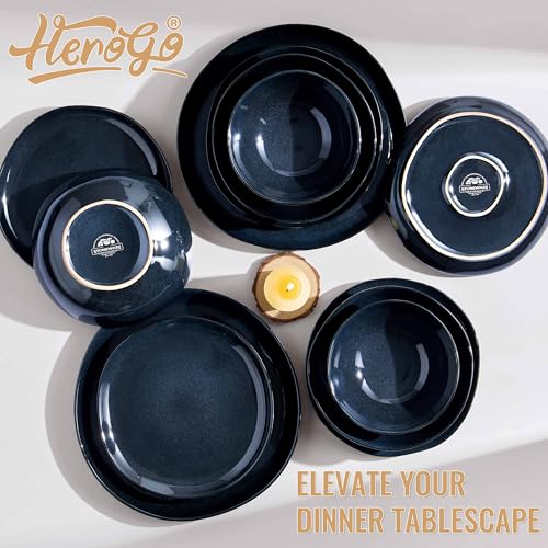 Herogo 12pcs Stoneware Dinnerware Sets for 4, Irregular Handmade Dinner Plates and Bowls, Kitchen Dining Dish Dishware Set, Microwave & Dishwasher Safe,Starry Blue - color: Starry Blue, size: 4 Set (12pcs)