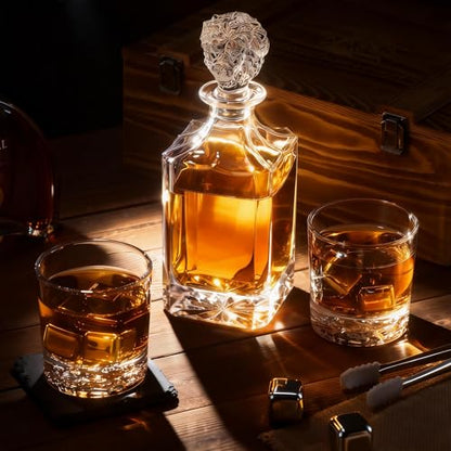 Lion Head 14-Piece Crystal Whiskey Decanter Set - 750ml Lead-Free Hand-Blown, 2 Glasses, 6 Stainless Stones, Coasters & Pine Gift Box - Engraving Ready for Him, Birthday Anniversary