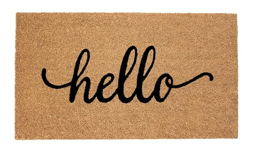 Croft&Cane Hello Coir Doormat - 17x30 Inches Durable Non-Slip Door Mat | Natural Coco Coir Doormat - Low Profile Vinyl Backed Dirt Trapping Front Door Mat- Heavy-Duty Indoor Outdoor Mat Entryway Rug - color: Hello, size: 1'5" x 2'6" (Rectangular)