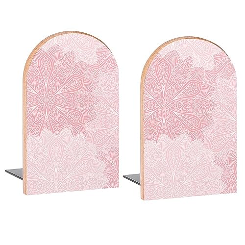 Boho Mandala Pink Flowers Book Ends Decorative Wood Bookends for Shelves Kids Room Desk Home Office Book Stoppers for Magazines,Books, DVDs, 1 Pair/2 Pieces(5x3.1 in)