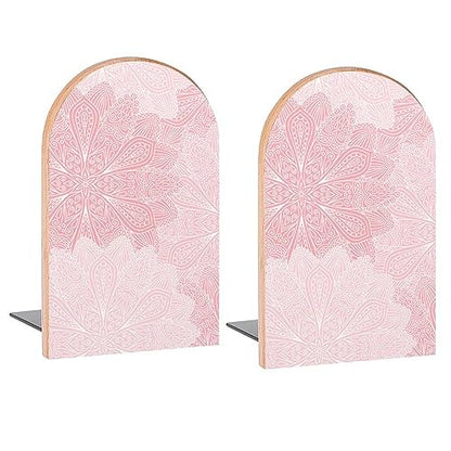 Boho Mandala Pink Flowers Book Ends Decorative Wood Bookends for Shelves Kids Room Desk Home Office Book Stoppers for Magazines,Books, DVDs, 1 Pair/2 Pieces(5x3.1 in)