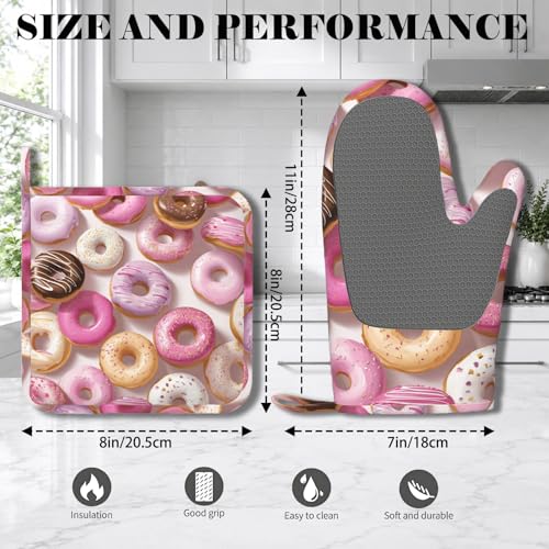 Groovy Donuts Oven Mitts and Pot Holders Sets Silicone Kitchen Mitts Potholders Heat Resistant Oven Gloves Hot Pads for Kitchen Baking Cooking - color: Groovy Donuts