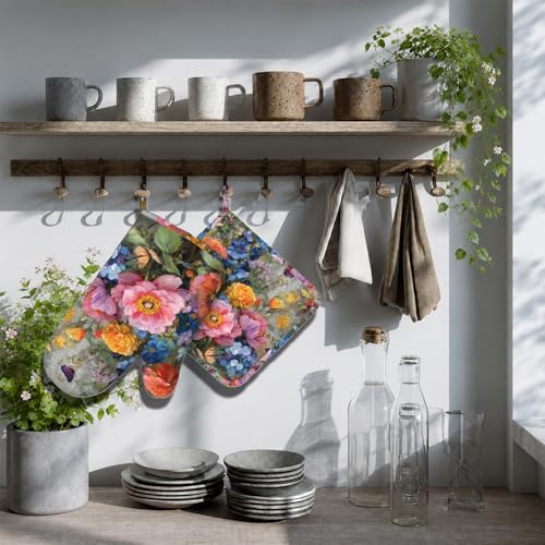 Wild Blooming Flowers Oven Mitts and Pot Holders Sets Butterflies Silicone Kitchen Mitts Potholders Heat Resistant Oven Gloves Hot Pads for Kitchen Baking Cooking BBQ - color: Wild Blooming Flowers