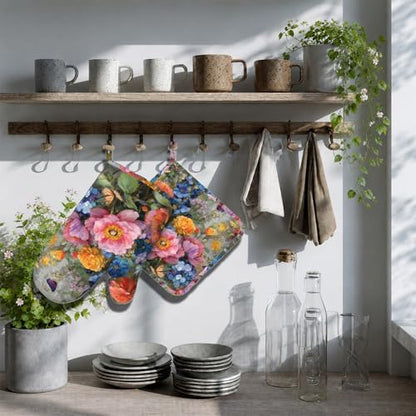 Wild Blooming Flowers Oven Mitts and Pot Holders Sets Butterflies Silicone Kitchen Mitts Potholders Heat Resistant Oven Gloves Hot Pads for Kitchen Baking Cooking BBQ - color: Wild Blooming Flowers