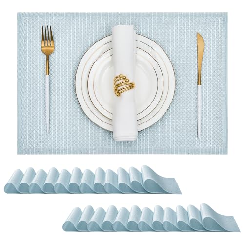 Leetaltree Woven Vinyl Placemats Set of 24, Mist Blue Sequin | Waterproof & Washable Dining Table Mats for Wedding, Anniversary, Daily Use, Hand-Cut, Easy to Clean - color: 00- Mist Blue Sequin, size: Set of 24