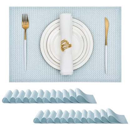 Leetaltree Woven Vinyl Placemats Set of 24, Mist Blue Sequin | Waterproof & Washable Dining Table Mats for Wedding, Anniversary, Daily Use, Hand-Cut, Easy to Clean - color: 00- Mist Blue Sequin, size: Set of 24