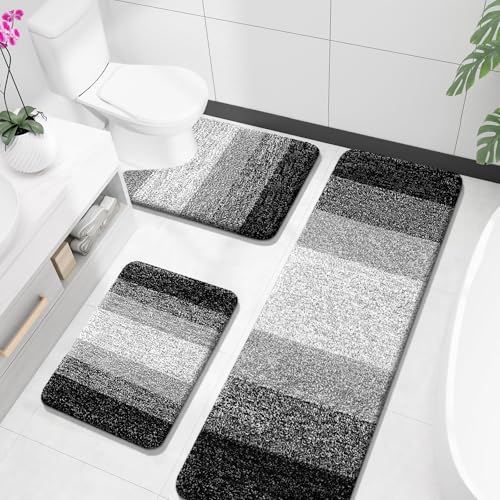 OLANLY Microfiber Bathroom Rugs Sets 3 Piece, 59"x20"+24"x16"+24"x20" | Black, Soft Absorbent Bath Mats and U-Shaped Contour Toilet Rug, Plush Shaggy Bath Mat Set for Bathroom - color: Black, size: 59" X 20" + 24" X 16" + U24" X 20"