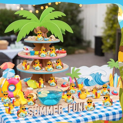RoundFunny 50pcs Tropical Mini Duck Summer Party Favor Resin Miniature Duck | Small Duck Figurines Bulk for Cruise Ship, Hawaii Duckies Desk Ornament, Luau-themed Duckies for DIY Craft Cake Car Decor - style: Summer