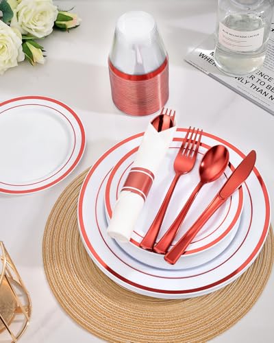 350 Piece Red Plastic Dinnerware Set for 50 Guests | Disposable Dinnerware Includes: 50 Dinner Plates, 50 Dessert Plates, 50 Pre Rolled Napkins with Silverware, 50 Cups - color: White Red, style: 350 Piece (50 guests)