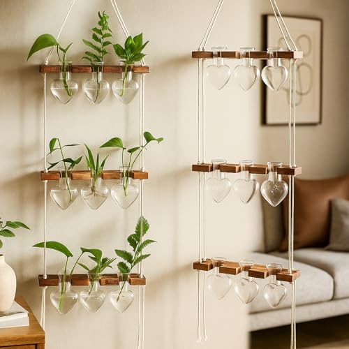 Leinuosen Wall Hanging Plant Propagation Stations Mother Gifts for Her Plant Lovers 3 Tiered 9 Heart Shaped Glass Vases Terrarium with Wooden Stand for Hydroponics Indoor Garden Home Decor(Clear) - color: Clear