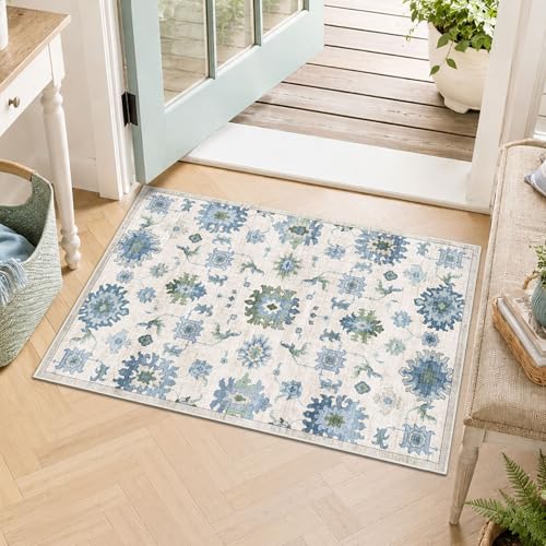 BLISSA 2x3 Entryway Rug Oushak Print Non-Slip Blue Sage Green Door Mat | Washable Indoor Ultra-Thin Oriental Distressed Floor Carpet Soft Entrance Throw Rugs for Bedroom Bathroom Kitchen Home Decor - color: Blue / Sage Green, size: 2' x 3' (Rectangular)