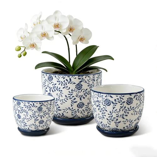 3.5"+4.6"+5.6" Ceramic Pots for Indoor Plants Set of 3 | Flower Pots with Drainage Holes and Saucers - Succulents Plant Pots for Orchid, Cactus, Pothos, Herbs, Vintage Blue, Floral - color: Vintage Blue - Floral