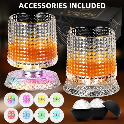 Luxury 360° Spinning Crystal Whiskey Glass Set Of 2, Rotating Old Fashioned Rocks Glasses & & 4 Color Lighting, Scotch & Bourbon, Cocktail Glasses for Bar, Party, Home and Gift (Grid) - color: Grid