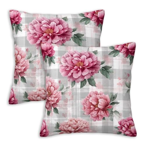 Peony Floral Throw Pillow Covers 18x18 Set of 2 | Pink Farmhouse Buffalo Check Cushion Cases | Rustic Elegant Decorative Pillow Covers for Couch, Sofa, Bedroom and Living Room - color: Gingham Peony