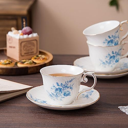 Agyiuns tea cups and saucers ceramic coffee mug 6oz for Coffee, Latte, Cafe Mocha and Tea-Set of 4,Blue - color: White with blue flowers