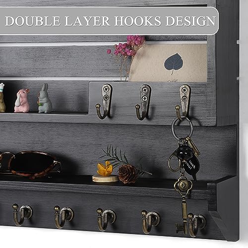 Innovation Premium Pine Wood Key Holder for Wall - Handcrafted Mail Organizer & Wall Mount Key Holder with 9 Sturdy Hooks, Finely Sanded & Hand-Sprayed Entryway Decor, Black