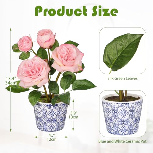 Hollyone Pink Real Touch Roses Artificial Flowers in Vase Blue and White Porcelain Ceramic Pot 13.4" Fake Roses Flower Arrangement Artificial Plants & Flowers Potted Plant Faux Silk Rose Flower - color: Rose 3 - Pink (13.4inch)