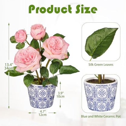 Hollyone Pink Real Touch Roses Artificial Flowers in Vase Blue and White Porcelain Ceramic Pot 13.4" Fake Roses Flower Arrangement Artificial Plants & Flowers Potted Plant Faux Silk Rose Flower - color: Rose 3 - Pink (13.4inch)