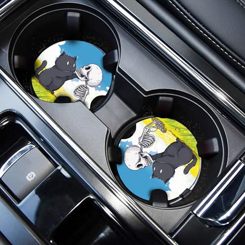 WOCOCN Cute Cup Holder Coasters for Your Car with Fingertip Grip | Auto Accessories for Women & Men,Pack of 2, Black Cat and Skull - color: Black Cat and Skull