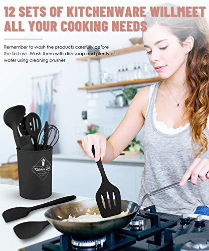 Black Kitchen Utensils Set-12 Pieces Silicone Cooking Utensils Set | Dishwasher Safe 392°F Heat Resistant Spatula Set Kitchen Utensil Set for Nonstick Cookware,Best Kitchen Tools with Holder - color: Black