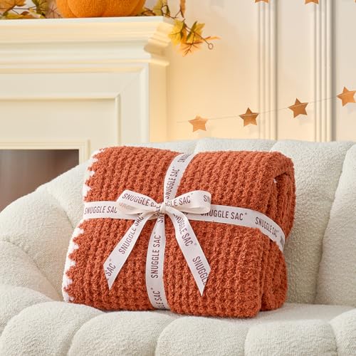 Snuggle Sac Orange Waffle Blanket for Couch Bed Sofa 60x80 inches, Reversible Soft Throw Microfiber Fluffy Fuzzy Cozy Knit Twin Blanket for Women Mothers Birthday Gifts - color: Waffle Orange 2, size: Twin(60"x80")