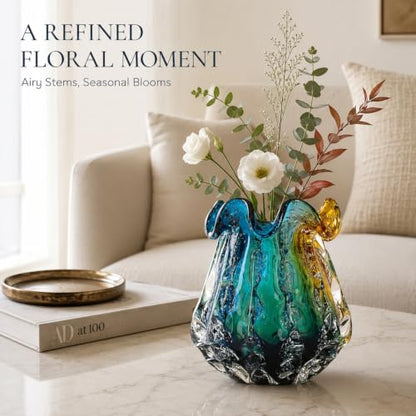 9.9" Tall Large Clear Glass Vase Wide Mouth, Pretty Hand Blown Glass Vase for Bouquet, Unique Teal and Amber Sea Vases for Modern High End Living Room, Office, Dining Table Centerpieces - size: Medium