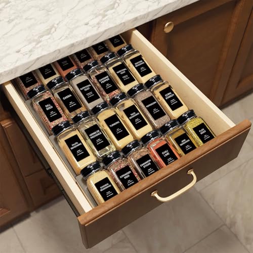 AISIPRIN 24 Pcs Glass Spice Jars with 398 Labels, 4oz Empty Square Spice Containers Seasoning Bottles - Shaker Lids, Funnel, Brush and Marker Included(Black Metal Caps)