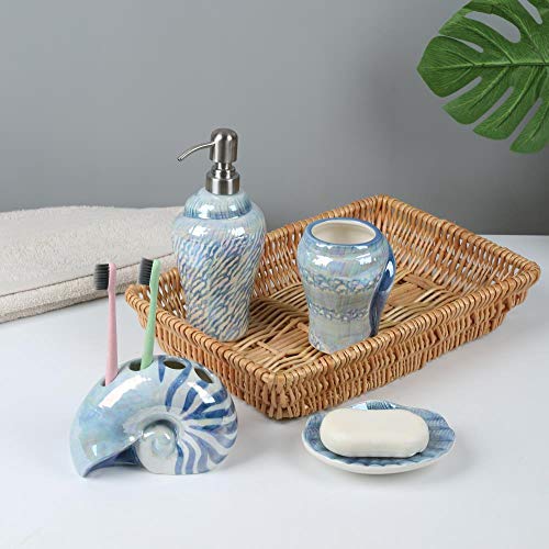 Ocean Conch Sea Shell Ceramic Bathroom Accessories Set of 4,1 Gargle Cups 1 Toothbrush Holders 1 Soap Dishes 1 Soap Dispenser (Blue) - color: Blue