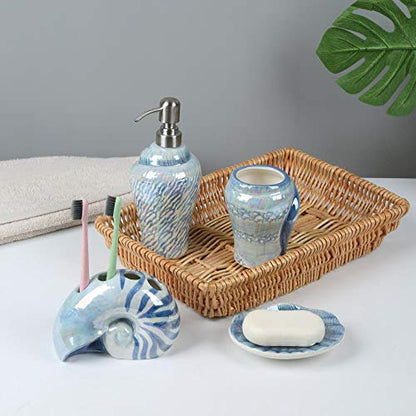 Ocean Conch Sea Shell Ceramic Bathroom Accessories Set of 4,1 Gargle Cups 1 Toothbrush Holders 1 Soap Dishes 1 Soap Dispenser (Blue) - color: Blue