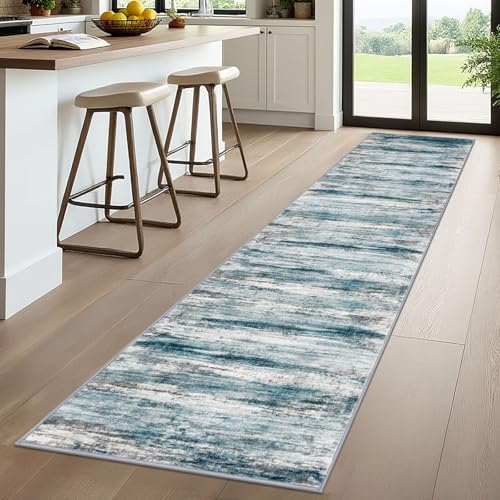 KOZYFLY Modern Abstract Kitchen Runner Rug, 2x10 Washable Rug Runner Non-Slip Soft Striped Hallway Runner Rugs, Light Blue Print Carpet Runner for Entryway Bathroom Laundry Room Foyer - color: Blue, size: 2' x 10' (Runner)